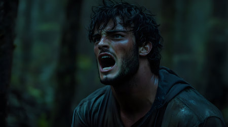 Screaming man in the forest. Portrait of a young man in a dark forest.の素材
