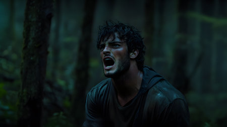 Portrait of a young man in a dark forest at night.の素材