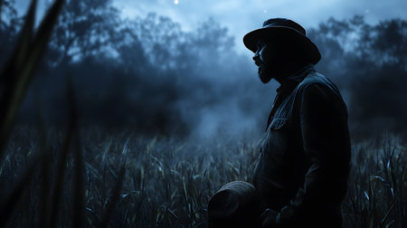 Fisherman in the cornfield at night. 3d renderingの素材