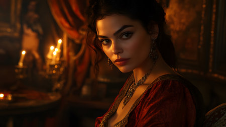 Portrait of a beautiful young woman in medieval dress. Luxury interior.の素材