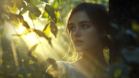 Portrait of a beautiful young woman in the forest at sunset.の素材