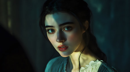 Portrait of a beautiful girl in a blue dress in the darkの素材