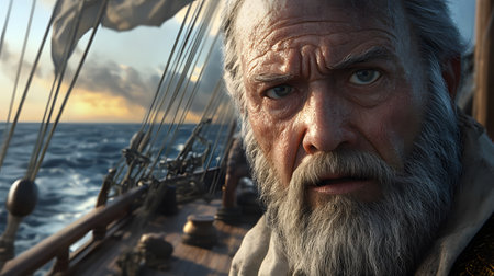 Portrait of an old man on a sailing ship at sunset.の素材