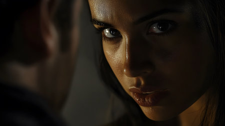Close-up portrait of a young woman looking at the camera in the darkの素材