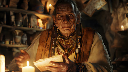 Old man reading a book in a dark room with candles on the backgroundの素材