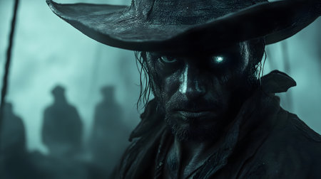 Horror scene of a scary zombie man wearing a black hat. Halloween concept.の素材