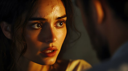 Close-up of a young woman looking at a man in a roomの素材