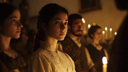 Portrait of young woman in church with candles in the background.の素材