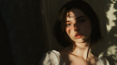 Portrait of a beautiful young woman in a white dress in the sunlightの素材