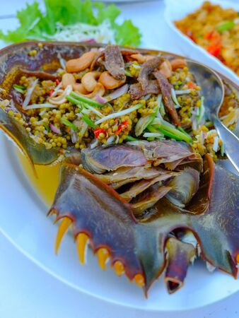 Close up Spicy Horseshoe Crab Egg Salad,Thai seafood.の写真素材