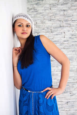 girl in blue dress stay near whallの写真素材