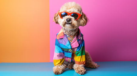 Studio shot of a cute mixed breed dog wearing a colorful shirt and sunglasses.の素材