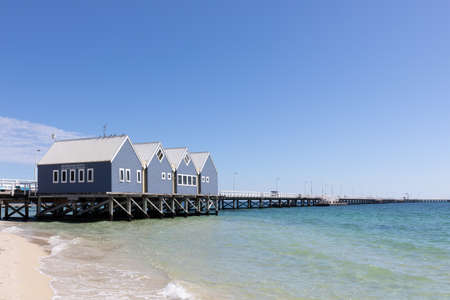 BUSSELTON, AUSTRALIA - APRIL 03,2019: Boat Sheds on Busselton Jetty in Busselton, WA. Busselton Jetty is the second longest wooden jetty in the world at 1841meters long.のeditorial素材