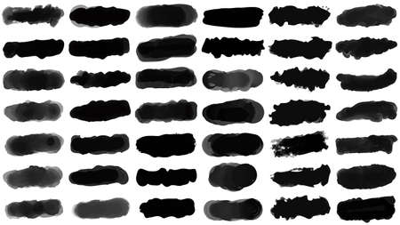 Brush strokes, black ink lines, vector abstract set with paint brush grunge texture on white background. Paintbrush strokes and ink smear stainsのイラスト素材