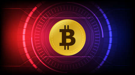 Bitcoin on circuit and blue background, digital money concept, vector illustration.のイラスト素材