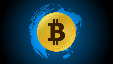 Bitcoin on world map and blue background, digital money concept, vector illustration.のイラスト素材
