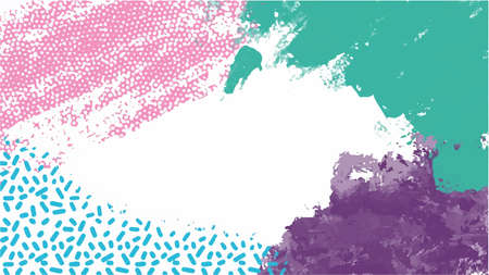 Color splash abstract cartoon background or children playground banner design element. Vector overlay colorful spotty pattern of geometric shape, line and dot in trendy Memphis animation 80s-90s style.のイラスト素材