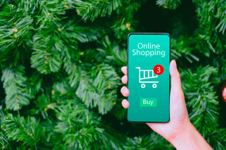 Smart phone online shopping in woman hand. Network connection on mobile screen. Payments online....
