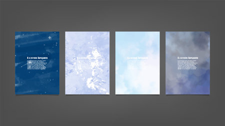 Set of blue vector watercolor backgrounds for poster, brochure or flyer, Bundle of watercolor posters, flyers or cards. Banner template.の写真素材