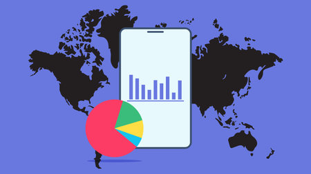 Smartphone showing charts and graph, analysis business accounting, statistics concept. Digital marketing, business analysis. Data growth diagram. Business website modern ui, ux, kit, admin. Vectorのイラスト素材