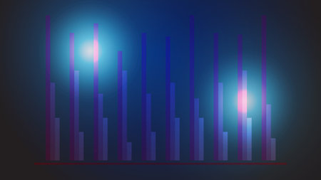 Abstract financial chart with line graph and glowing world map in stock market on blue color backgroundのイラスト素材