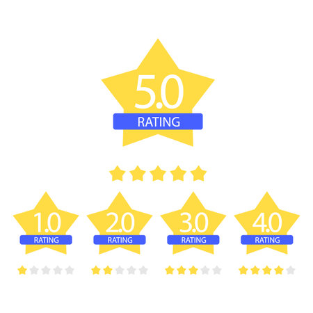 Star icon. Vector yellow isolated five stars. Customer feedback concept. Vector 5 stars rating review. Quality shape design.のイラスト素材