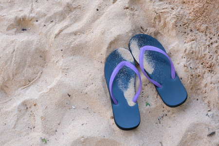 Summer vacation concept--Flipflops on a sandy ocean beachの写真素材