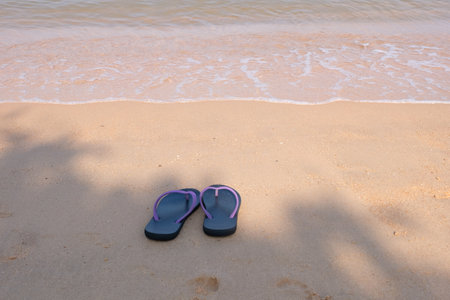 Summer vacation concept--Flipflops on a sandy ocean beachの写真素材