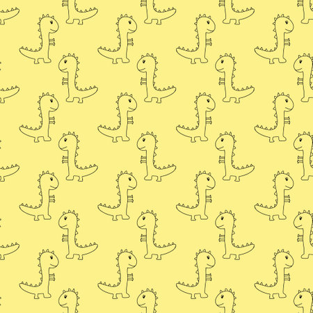 Doodle dinosaur pattern on yellow background. Seamless background. vector.のイラスト素材