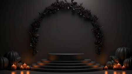 3d blank podium for your product. Halloween decoration. Halloween concept. Generative AI.の素材