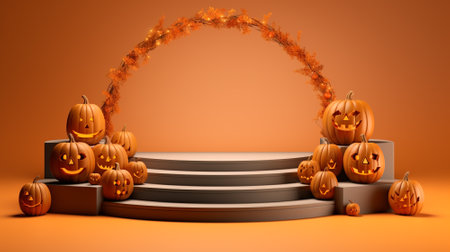 3d blank podium for your product. Halloween decoration. Halloween concept. Generative AI.の素材