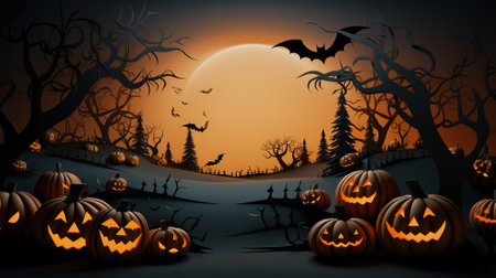 Halloween background with copyspace for your design. Halloween concept. Paper Art concept. Generative AI.の素材