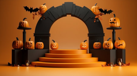 3d blank podium for your product. Halloween decoration. Halloween concept. Generative AI.の素材