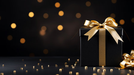 Black giftbox background with copyspace for yor text. Black friday concept. Generative AI.の素材