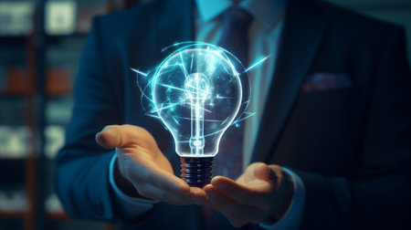 A bulb in hand of businessman. Creative concept. Generative AIの素材
