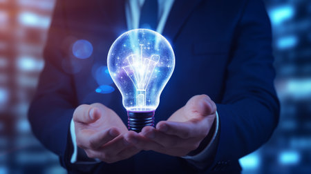 A bulb in hand of businessman. Creative concept. Generative AIの素材