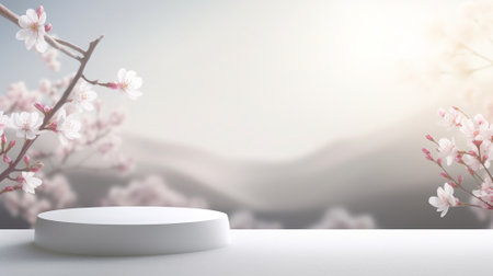 3d luxury white podium with blue nature background for your luxury product.Generative AIの素材