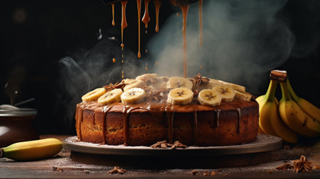 Bake banana cake on black background. Generative AIの素材
