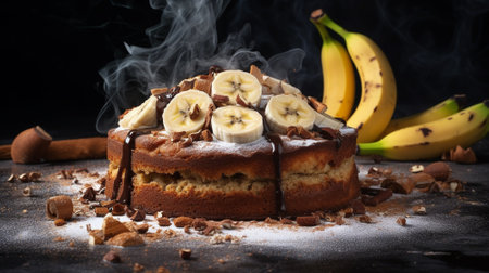 Bake banana cake on black background. Generative AIの素材