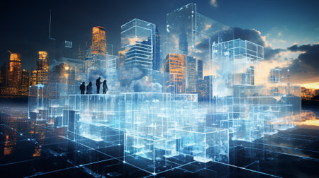 A dynamic hologram shifts through a myriad of digital landscapes â from a bustling digital city to swirling data streams. Generative AIの素材