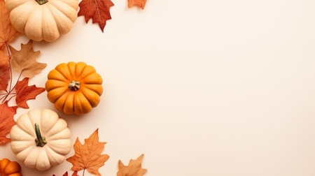 Autumn composition with pumpkins and leaves on beige background. Generative AIの素材