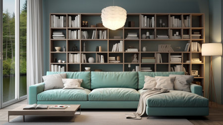 Living room. Modern interior design and aqua sofa color,gray book shelf. Generative AIの素材