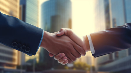 Businessman handshake on blur background with sun light. Business Concept. Generative AIの素材