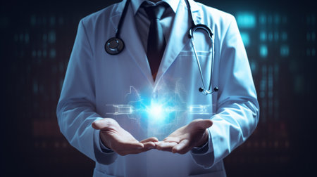 Male medicine doctor hold healthcare medical icons for the Health insurance concept. Generative AIの素材