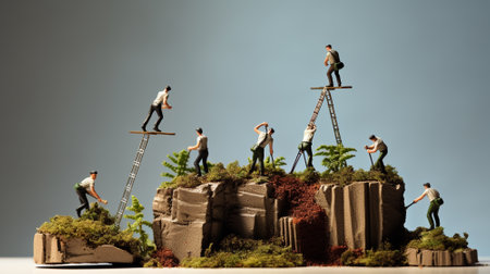 Miniature people. Climbers are climbing coins. Success business concept. business concept. Generative AIの素材