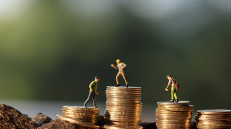 Miniature people. Climbers are climbing coins. Success business concept. business concept. Generative AIの素材