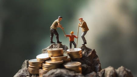 Miniature people. Climbers are climbing coins. Success business concept. business concept. Generative AIの素材