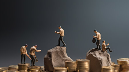 Miniature people. Climbers are climbing coins. Success business concept. business concept. Generative AIの素材