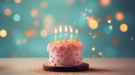 Celebration birthday cake with colorful sprinkles and twenty one colorful birthday candles. Generative AIの素材