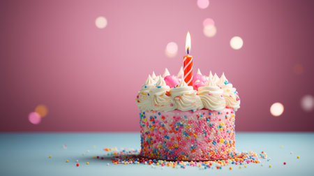 Celebration birthday cake with colorful sprinkles and twenty one colorful birthday candles. Generative AIの素材